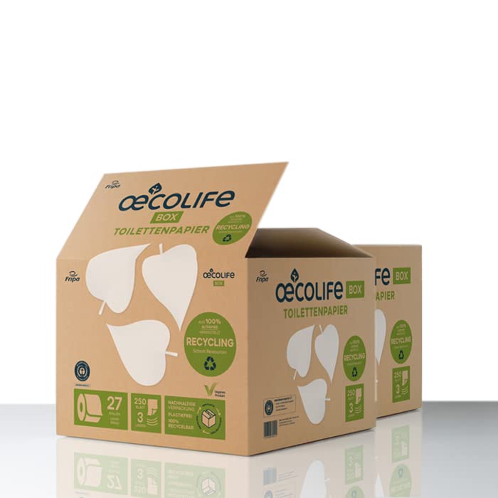 oecolife Toilettenpapier Box RECYCLING, 3-lagig, 54 Rollen x 250 Blatt, superweich, plastikfrei verpackt, vegan, nachhaltiges Klopapier