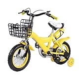 WOLEGM 12 Zoll Fahrrad, Kinderfahrrad mit Handbremse, Stützräder und Frontkorb, für Kinder ab 3 Jahre, Gelb