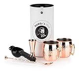 Buddy´s Bar - Moscow Mule Komplett Set, 2 x 500 ml Cocktail-Becher, 27 cm Barlöffel, 5 cl Barmaß & Schwarze Limettenpresse, lebensmittelecht, Cocktail-Tassen-Set inkl. Geschenkbox, Kupfer gehämmert