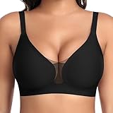 BH Damen Ohne Bügel Nahtloser Glatter Weicher BH Modische Spitze Mesh Tiefes V-Ausschnitt Bequemer BH Gepolsterter Push Up BH Bustier Bügellos Soft Bra Seamless Bralette T-Shirt (Schwarz, S)