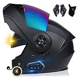 Bluetooth Motorradhelm, Vollvisierhelm mit 2 Fahrern Helm Bluetooth Intercom DOT/ECE Genehmigt, Leicht, Klapphelm mit Doppelvisier, Modularer Helm für Erwachsene Männer Frauen S~XL
