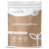 Ashwagandha Hochdosiert - 365 vegane Tabletten (1 Jahr Vorrat) - 600mg pro Tablette - Hochwirksames Ashwaganda Wurzel Pulver - Alternative zu Ashwagandha Kapseln - Indische Schlafbeere - Nutravita