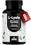 L-Lysin hochdosiert - 400 Kapseln - pures L Lysin. Aus pflanzlicher Fermentation - Kapseln- Vegan und produziert in Deutschland