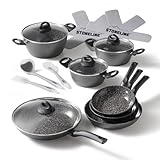 STONELINE Ceramic Keramikpfanne Töpfe Set 16 teilig 18/20/24/28 cm Töpfe Pfannen PFAS-frei Topfset Pfannenset Induktion Kochgeschirr Set mit Deckel Keramikbeschichtung mit echten Steinpartikeln, Grau