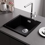 CECIPA Spülbecken Granit Schwarz, 45x44x20 cm, Einbauspüle Rechteckig, Spüle Ohne Hahnloch, 1 Becken, Kompakte Granitspüle für Küche, Modernes Waschbecken Küche