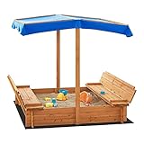 [en.casa] Sandkasten Kellenhusen mit Dach 120 x 120 x 120 cm Sandbox mit 2 klappbaren Sitzbänke Holzsandkasten Sandkiste Tannenholz