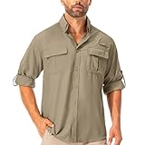 Asfixiado Hemd Herren Safari UPF50+ UV Schutz Wanderhemd Herren Langarm Funktionshemd Outdoorhemd Atmungsaktiv Schnelltrocknend Casual Button Down Shirts(Khaki XXL)