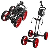Golfwagen mit 4 Rädern und Fußbremse, 1-Klick-Klappbar, 25 kg Tragkraft, großer Stauraum und Getränkehalter, All-Terrain langlebige Räder, leichter Golf-Trolley, Rot