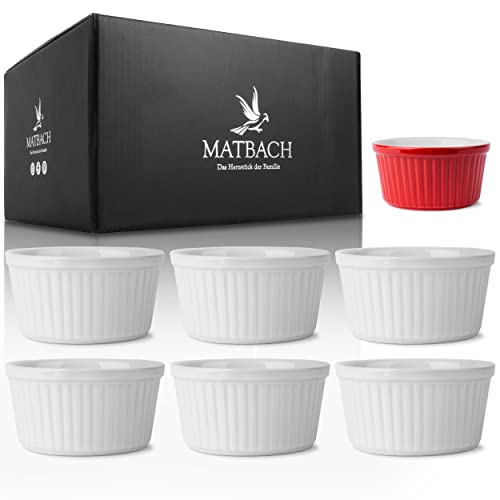 Matbach® Souffleeförmchen 6er Set Weiß Creme Brulee Schälchen 200 ml Kleine Auflaufform aus Keramik Backofenfest klein Soufle Cupcake…
