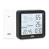 ADE Kleine digitale Wetterstation funk mit Außensensor und Wettervorhersage | Innen- und Außentemperatur | Luftfeuchtigkeit | Funkuhr mit Wecker | inkl. Batterien | schwarz