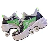 Schuhe mit Rollen für Jungen Mädchen, Rollschuhe mit 4 Einziehbaren Rädern, 2-in-1 Rollschuhen und Sneakers, Roller Skate Shoes für Kinder Teenager (Grün, 40)