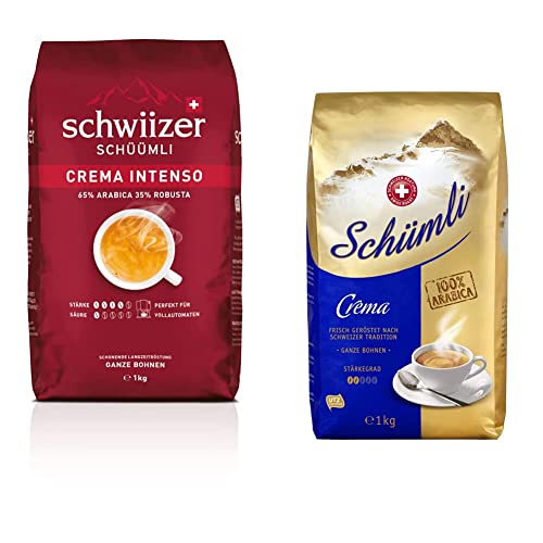 Schwiizer Schüümli Intenso Bohnenkaffee 1kg - Intensität 4/5 - UTZ-zertifiziert & Schümli Crema Ganze Kaffeebohnen 1kg - Stärkegrad 2/5 - UTZ-zertifiziert