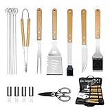 Aolegoo Grillbesteck Set 18, Edelstahl Grillzubehör mit Grillzange, Grillwender, Fleischgabel und Grillbürste mit extra-Langen Holzgriffen und Aufhänge-Ösen, Tragbarer Aufbewahrungskoffer