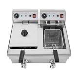 Elektrische Friteuse Edelstahl, 6000W Professionelle Fritteuse Tischfritteuse stufenlosem Temperaturregelung 60-200℃, 10L*2 Korb und Deckel Öl-Fritteuse Elektrische Bratpfanne für Gewerbliche Heimküch