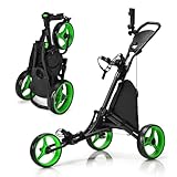 GOPLUS Golf Trolley, Golftrolley 3 Rad mit Verstellbarer Griff, Fußbremse, Golfwagen klappbar mit Schirm- und Getränkehalter & wasserdichter Tasche, Golfcaddy Golf Push Cart (Grün)