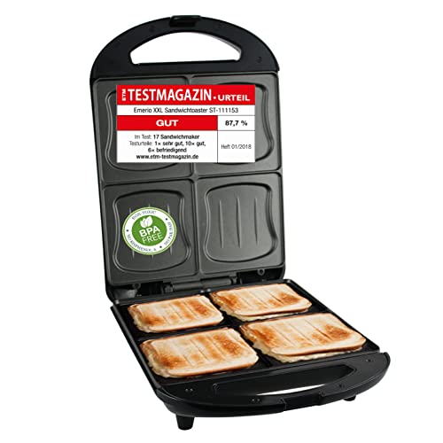 Emerio XXL Sandwich Toaster TEST GUT für alle Toastgrößen geeignet 4x große Muschelform für die ganze Familie Käse läuft nicht aus kein Verschmieren BPA frei 1300 Watt Sandwichmaker 4er