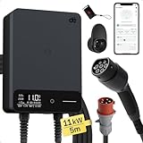 dé Typ 2 Wallbox 11kW mit APP und RFID, 6-16A 3-Phasen EV-Ladegerät 400V mit 5m Ladekabel und Kabelhalter für BEV/PHEV, RCD Typ-B & IP54-Schutz, effiziente Ladestation für Zuhause, schwarz