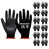 Velway 12 Paar Arbeitshandschuhe Mechaniker Handschuhe - Größe 7 Leichte Damen Gartenhandschuhe Rutschfeste mit PU-Beschichtete Herren Montagehandschuhe Atmungsaktive Handschuhe EN388 - Schwarz