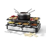 Petra 2-in-1 Raclette Grill & Fondue, Großer Teppanyaki Grill für 8 Personen, Rauchfreier Elektrischer Grill, 1,3l Fondue-Topf mit Tauchgabeln, Inklusive Holzspatel und Schiebern, für gesellige Abende