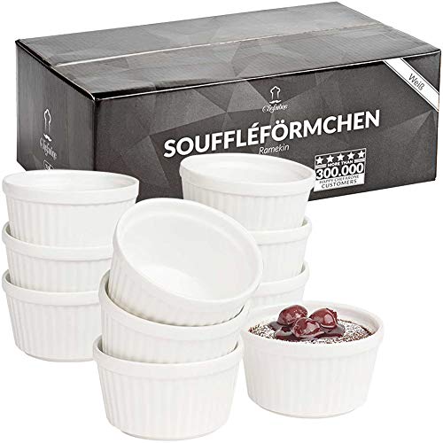 Chefarone Soufflé Förmchen 10er Set backofenfest - Creme Brulee Schälchen Keramik zum Backen und Anrichten - mini Auflaufformen 200 ml - 10er Set weiß (9 x 7.5 x 5 cm)