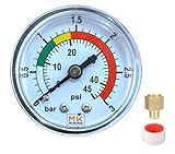 Manometer für sandfilter, 0-3 bar/45 psi, Anschluss 1/4 Zoll BSP, Anschluss hinten, aus Messing, für Sandfilter für Pool, geliefert mit einem Teflon, sowie einem Adapter 1/8 Zoll