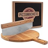 PIZZAMACHETE Pizzaschneider + Pizzabrett , Pizza Set bestehend aus Wiegemesser und Pizzaschneidebrett, -Zubehör mit Cutter aus rostfreiem Edelstahl, Bretter Holz-Griff