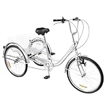 TkkMivcOC Dreirad für Erwachsene 24 Zoll, 6-Gang Dreirad Fahrrad mit Korb, 3 Räder Fahrrad mit Sicherheitsrücklicht & Rückstrahler, Höhenverstellbar, für Freizeit, Einkaufen oder Sport