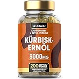 Kürbiskernöl Kapseln 3000mg pro Tagesdosis | Mit natürlichen Vitamin E | Hochdosiert | Naturbelassen & Kaltgepresst | 45% Linolsäure (Omega 6) | 200 Pumpkin Seed Kapseln | von Horbaach