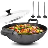 ZAUBERWOK 33cm Gusseisen Wok Induktion - Gusseisenpfanne mit Silikon Hitzeschutzgriffen für Gasgrill, Herd, Ofen, Paella Pfanne, Wok aus Gusseisen mit Deckel - Induktionsgeeignet für Sac Stir Fry Tava