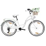 Goetze Mood 24 Zoll Kinderfahrrad, 14 Zoll Tiefeinsteiger Rahmen, 6-Gang Kettenschaltung, doppelte V-Bremsen, LED-Beleuchtung, Gepäckträger, Rattankorb, Komfortsattel, mit Seitenständer & Klingel!