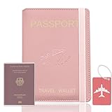 SUCCEFORT Reisepasshülle, Kunstleder Passhülle für Reisepass Kreditkarten Ausweis Reisedokumente mit RFID-Blocker, mit Transparenten Passhüllen Und Kofferanhänger, 15x11cm-Rosa