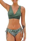 CUPSHE Damen Bikini Set V Ausschnitt Crossover Lace Up Tank Low Waist Bademode Zweiteiliger Badeanzug Swimsuit Dunkelgrün L