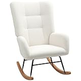 HOMCOM Schaukelstuhl, Schaukelsessel mit Armlehne, Teddysamt-Optik, Relaxsessel mit Holzkufen, Schwingsessel Stillsessel für Schlafzimmer, Wohnzimmer, Cremeweiß