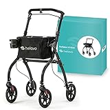 Helavo Rollator schmal für Wohnung - Rollatoren Leichtgewicht und faltbar spezial, 53 cm breiter Aluminium Walker mit stromlinienförmiger & ruhiger Bereifung, Tablett, Transportkorb und Bremssystem