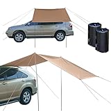 HAMON wasserdichte Auto Markise Sonnenunterkunft, Auto Seite markise Auto Zelt Camping Sonnendach Heckklappenzelt mit UV Schutz, Auto Dachzelt, mit 2 tragfähigen Wassersäcken (Khaki, 440 X 200cm)
