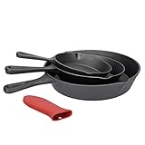 TALK-POINT BBQ Pfannen-Set aus Gusseisen, 4-teilig, runde Servier- und Bratpfannen in 3 Größen, mit Ausgießmulde und Silikon-Griff, für Backofen, Grill, alle Herdarten inkl. Induktion geeignet