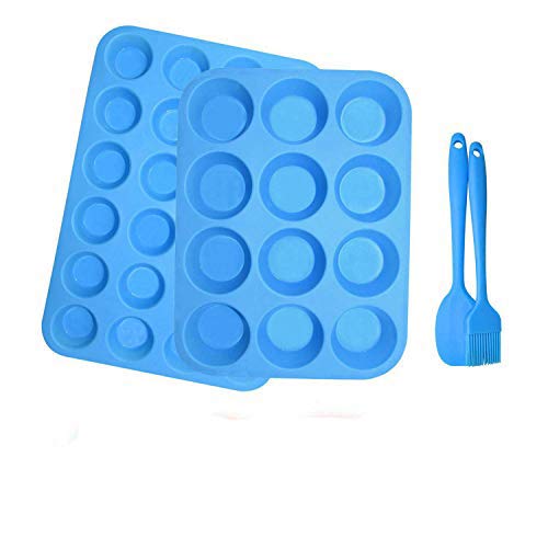 2Pack Silikon Muffinform Formen,12 + 24 Cavity BPA-freie Antihaft-sichere Muffin Backform Maker Pfanne für Cupcake Biscuit Bagels Muffins (Blau[12+24])
