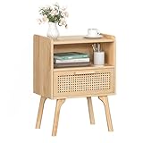LELELINKY Nachttisch Rattan Boho, Kleiner Beistelltisch Holz mit Schublade und Offenem Regal, Nachttische hat Tischbeine aus Massivholz für Wohnzimmer Sofatisch, Schlafzimmer Nachtkommode