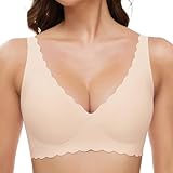 GXOULRRA Komfort Tief V BH Damen ohne Bügel Nahtloser Bügelloser BHS Klassische Soft Bustier Seamless T Shirt Bequem Bralette mit zusätzlicher Beige M