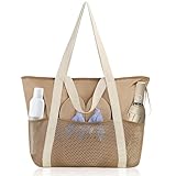 flintronic Strandtasche Damen, Strandtasche Groß Handtasche, Wasserdichte Badetasche, Netztasche Strand Mit Reißverschluss Innentasche für Schwimmbad, Urlaub, Reisen, Fitnessstudio, Einkaufen - Khaki