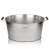 BigDean XXL Zinkwanne - groß + wasserdicht Ø 50cm x 28 cm H - Gartenteich, Miniteich, Blumenwanne, Pflanzschale, Getränkekühler, Eiskübel oval mit stabilen Holzgriffen zum Bepflanzen und Befüllen