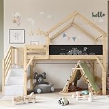 Kinderbett Etagenbett 90x200, Hochbett Hausbett mit Treppe und Tafel, 3 Schließfächer in der Treppe, Einzelbett Holzbett Spielbett Jugendbett mit Lattenrost & Rausfallschutz,Ohne Matratze, Weiß+Natur