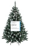RS Trade HXT 15013 Schneebaum 120 cm künstlicher Weihnachtsbaum mit Schnee und Zapfen (Ø ca. 78 cm) ca. 500 Spitzen, schwer entflammbar, Schnellaufbau Klappsystem, inkl. Christbaum Ständer
