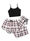 GORGLITTER Damen Schlafanzug 3er Set Cami Plaid Pajamas Nachtwäsche Schlafhose Kariert Hausanzug Weiß S