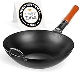 YOSUKATA Karbonstahl Woks & Wokpfannen - 34 cm Voreingebrannter Wok Pfanne Karbonstahl Flacher Boden - Traditionell Wok für induktionsherd - Kompatibel mit Gas- Elektroherden Grill Induktion Feuer