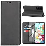 Handyhülle für Samsung Galaxy A71 Hülle mit Schutzfolie, Schutzhülle Galaxy A71-4G PU Leder Wallet Kartenfach Ständer Klapphülle Lederhüllen Case für Samsung A71-4G Tache Cover (Schwarz)