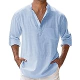 Duohropke Hemd Herren Langarm Leinenhemd Baumwolle Henley Shirt Casual Regular Fit Sommerhemd Freizeithemd Casual Men Shirts mit Brusttasche