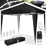 KESSER® Pavillon Faltpavillon 3x3m mit LED Beleuchtung Solar Fernbedienung | Gartenzelt Höhenverstellbar & Wasserdicht + Tasche Bodenanker | Pop-Up Klicksystem UV-Schutz 50+ Partyzelt, Farbe:Schwarz