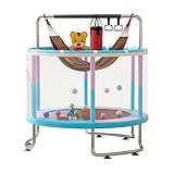 qorkhogr Freizeit-Trampolin, Indoor-Outdoor-Trampolin für Kinder mit Netz, Kleinkind-Trampolin mit verstellbaren Gymnastikstäben, Basketballkorb, Geschenke für Kinder, Blau, Lila, 150 cm