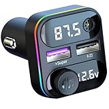 PRMHOOT FM Transmitter Auto Bluetooth 5.3, 35W MAX (20W QC 3.0 Schnelllade + 15W) dualer USB-Anschluss Ladegerät KFZ-Adapter, Freisprecheinrichtung, Ringlicht, Unterstützung für USB-Sticks